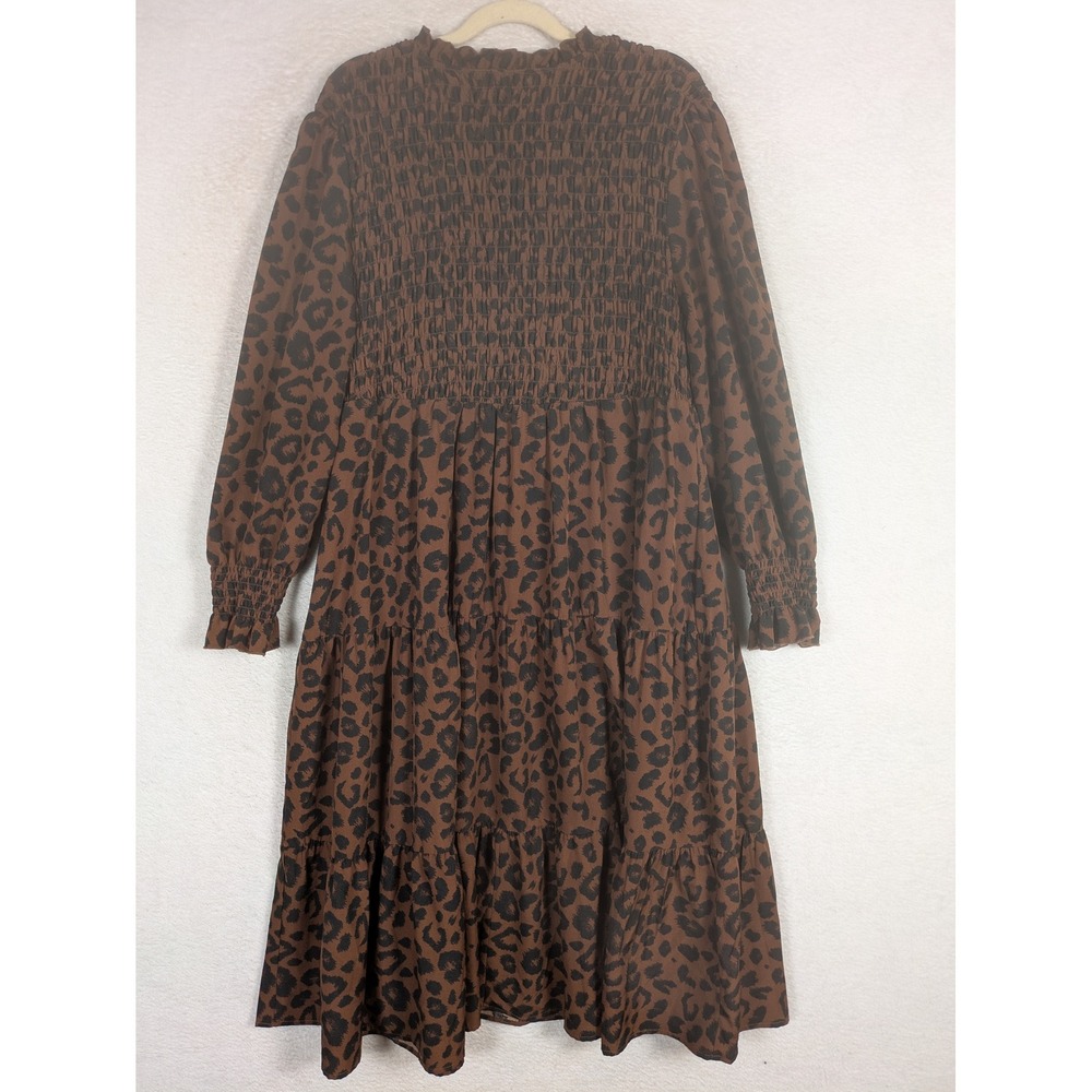 Emery Rose Tiered Midi Dress Women's 1XL Brown Leopard Print Smocked